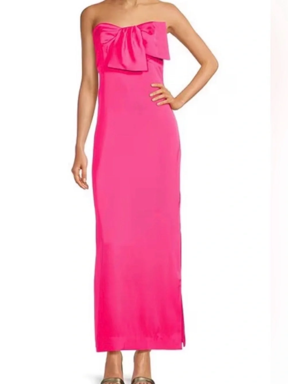 Lily Pulitzer Carlynn Satin Bow Strapless Side Slit Maxi Dress Pink Palm 16 NWT - Picture 2 of 6